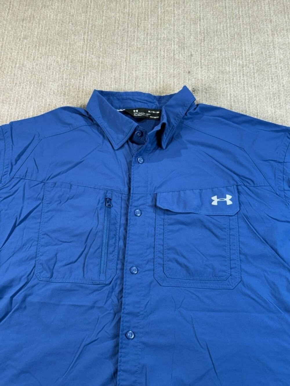 Under Armour Button Down Shirt Mens XL Blue HeatGear Short Sleeve Fishing Hiking